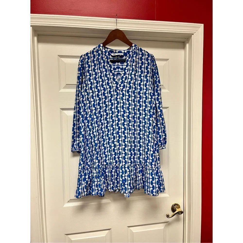 Zara Blue & White Abstract Print Tiered Babydoll Dress sz S EUC